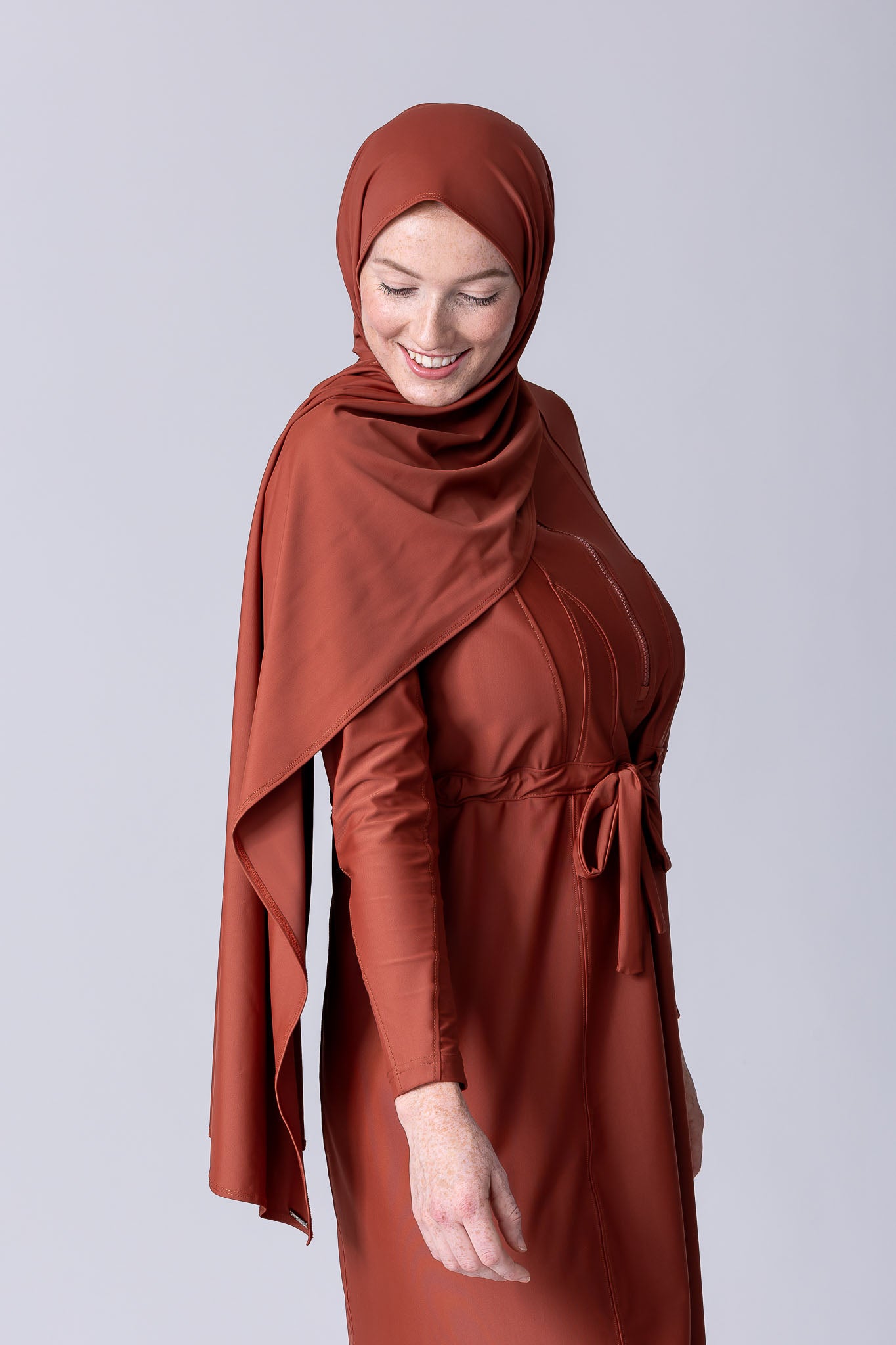 Swim hijab shawl in terracotta with swim fabric..