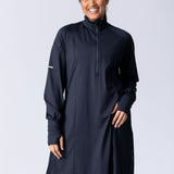 Long line tunic top in black. With front zipper, hidden side panels, back breathability panel and waist belt with buckle.