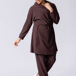 Coffee or brown colour longline hoodie with waist adjustability and draw string.