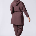 Coffee or brown colour longline hoodie with waist adjustability and draw string.