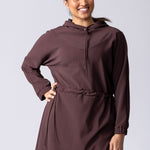 Coffee or brown colour longline hoodie with waist adjustability and draw string.