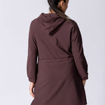 Coffee or brown colour longline hoodie with waist adjustability and draw string.