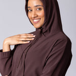 Coffee or brown colour longline hoodie with waist adjustability and draw string.