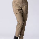 Safari cargo pants in khaki or olive colour. With stretchy fabric, extra leg pockets and back pockets. 