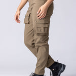 Safari cargo pants in khaki or olive colour. With stretchy fabric, extra leg pockets and back pockets. 