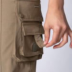 Safari cargo pants in khaki or olive colour. With stretchy fabric, extra leg pockets and back pockets. 