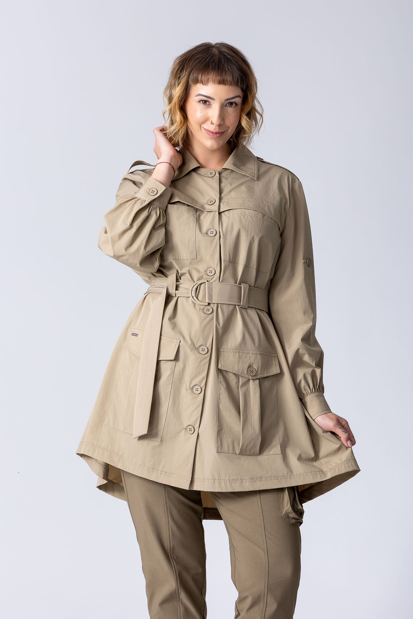 Longline Safari button up shirt dress in beige with large front pockets, waist belt, front check breathability panel and back breathability panel.