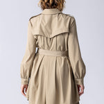 Longline Safari button up shirt dress in beige with large front pockets, waist belt, front check breathability panel and back breathability panel.