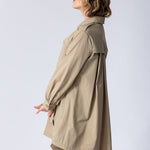 Longline Safari button up shirt dress in beige with large front pockets, waist belt, front check breathability panel and back breathability panel.