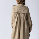 Longline Safari button up shirt dress in beige with large front pockets, waist belt, front check breathability panel and back breathability panel.