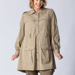 Longline Safari button up shirt dress in beige with large front pockets, waist belt, front check breathability panel and back breathability panel.