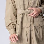 Longline Safari button up shirt dress in beige with large front pockets, waist belt, front check breathability panel and back breathability panel.