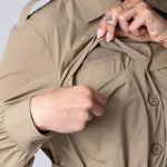 Longline Safari button up shirt dress in beige with large front pockets, waist belt, front check breathability panel and back breathability panel.