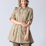 Longline Safari button up shirt dress in beige with large front pockets, waist belt, front check breathability panel and back breathability panel.