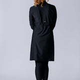 Modest midi swim tunic in black with front zipper, waist belt and UV proof swim fabric.