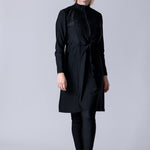 Modest midi swim tunic in black with front zipper, waist belt and UV proof swim fabric.