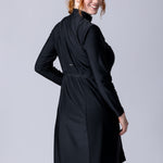 Modest midi swim tunic in black with front zipper, waist belt and UV proof swim fabric.