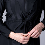 Modest midi swim tunic in black with front zipper, waist belt and UV proof swim fabric.