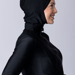 Instant swim hijab in black from crisscross design for comfort and good fit. Has back clips to adjust sizing for lots of hair.