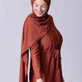 Swim hijab shawl in terracotta with swim fabric..