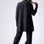 Light weight long line hoodie in black with adjustable waist, front pocket and large hood.