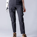 Safari cargo pants in charcoal. With stretchy fabric, extra leg pockets and back pockets. 