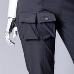 Safari cargo pants in charcoal. With stretchy fabric, extra leg pockets and back pockets. 