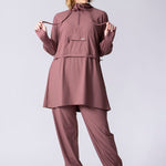 Light weight long line hoodie in dusty purple with adjustable waist, front pocket and large hood.
