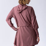 Light weight long line hoodie in dusty purple with adjustable waist, front pocket and large hood.