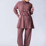 Light weight long line hoodie in dusty purple with adjustable waist, front pocket and large hood.