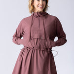 Light weight long line hoodie in dusty purple with adjustable waist, front pocket and large hood.