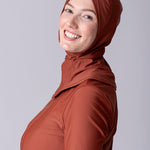 Instant swim hijab in terracotta colour from crisscross design for comfort and good fit. Has back clips to adjust sizing for lots of hair.