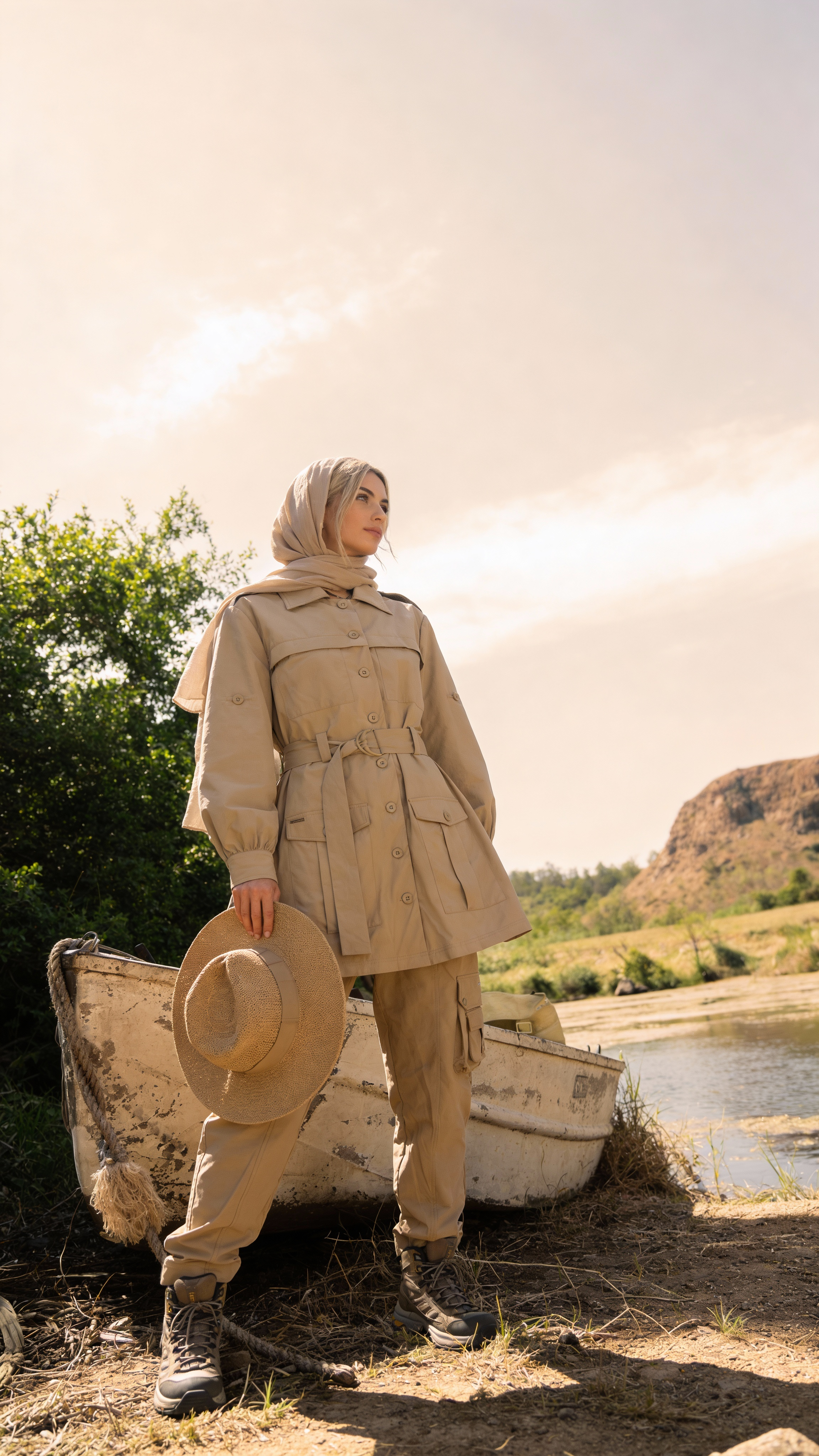 Woman in beige outfit with a hat, standing by a boat in a natural setting.
