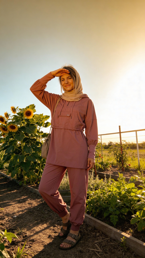 A woman wearing a dusty rose two-piece matching set with a matching hijab stands in a sunny outdoor garden next to sunflower plants.