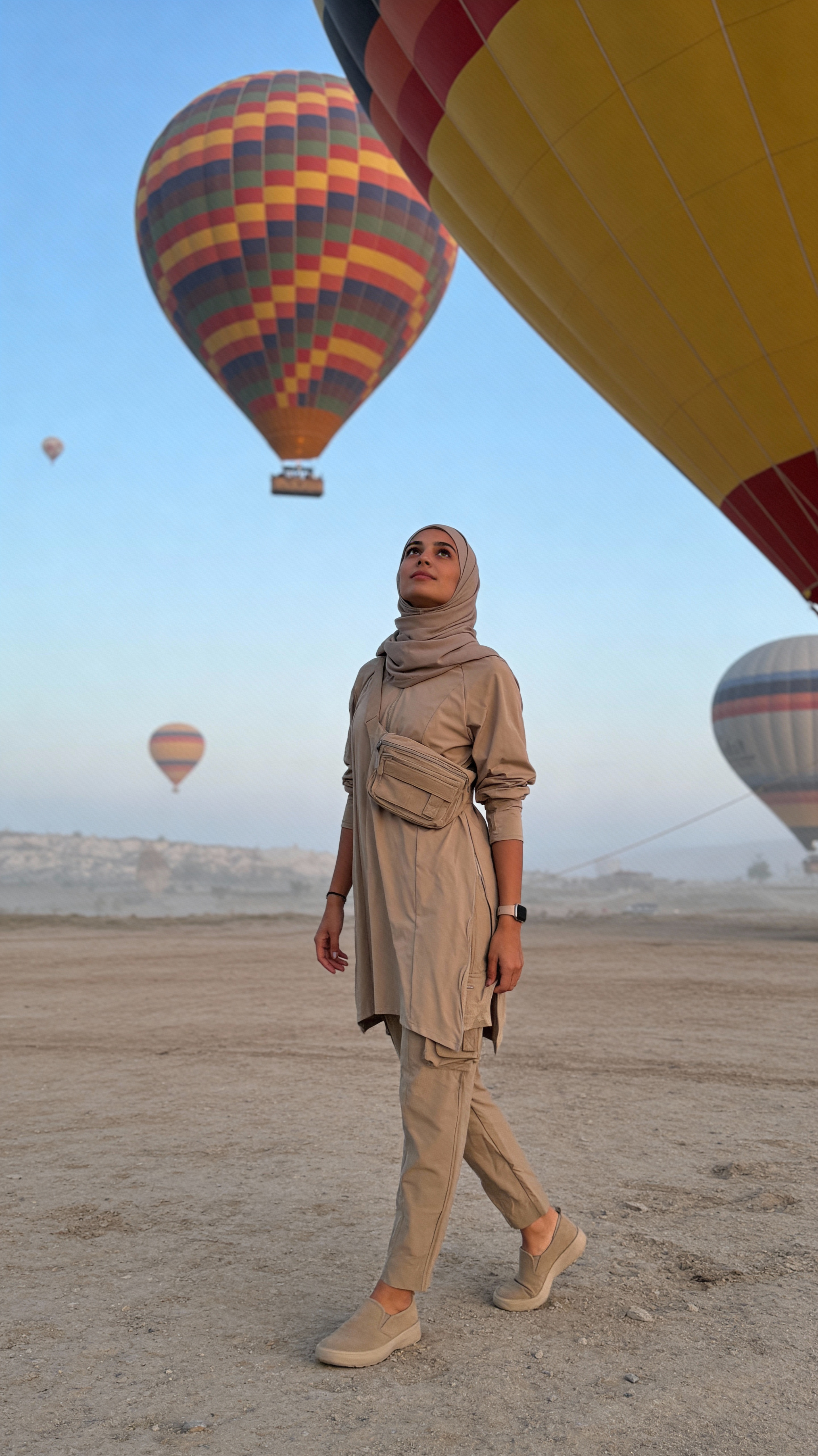Woman in beige outfit standing on a desert with hot air balloons in the background