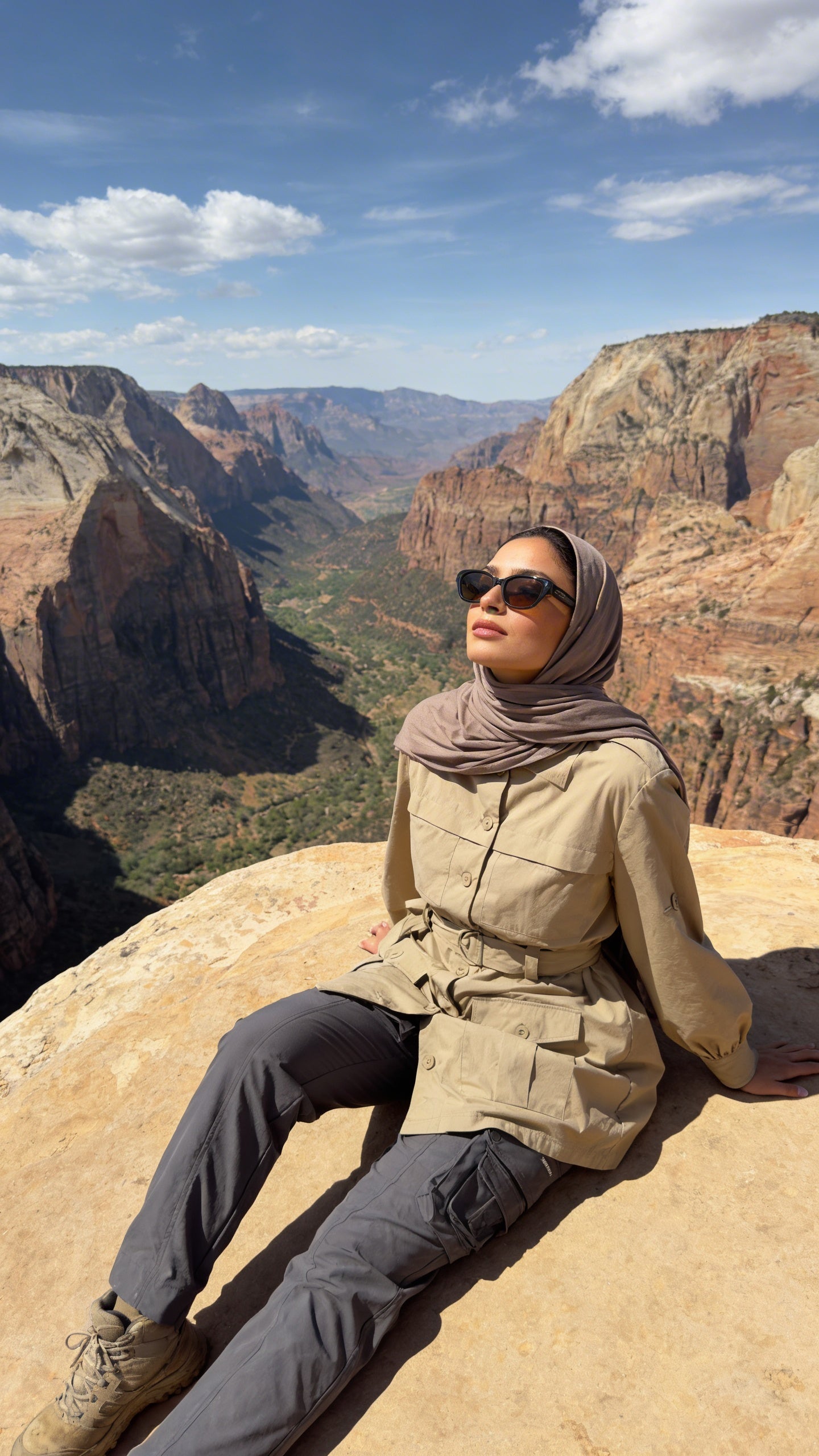 A hijabi woman sitting by the cliff wearing her WOMMO adventure wear, outdoor wear clothing and sunglasses.