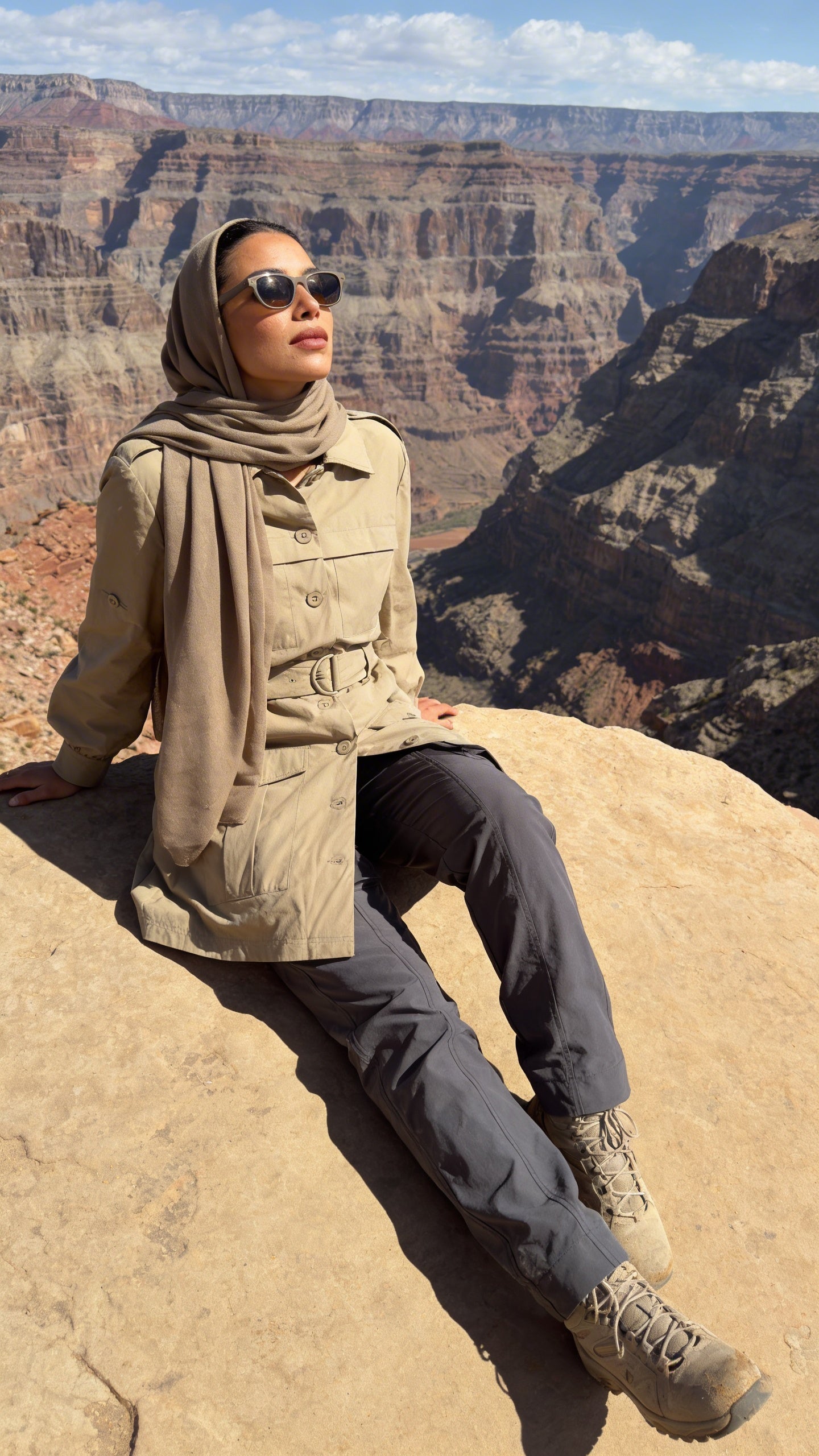 Person sitting on a rock at the Grand Canyon wearing a beige jacket and sunglasses.