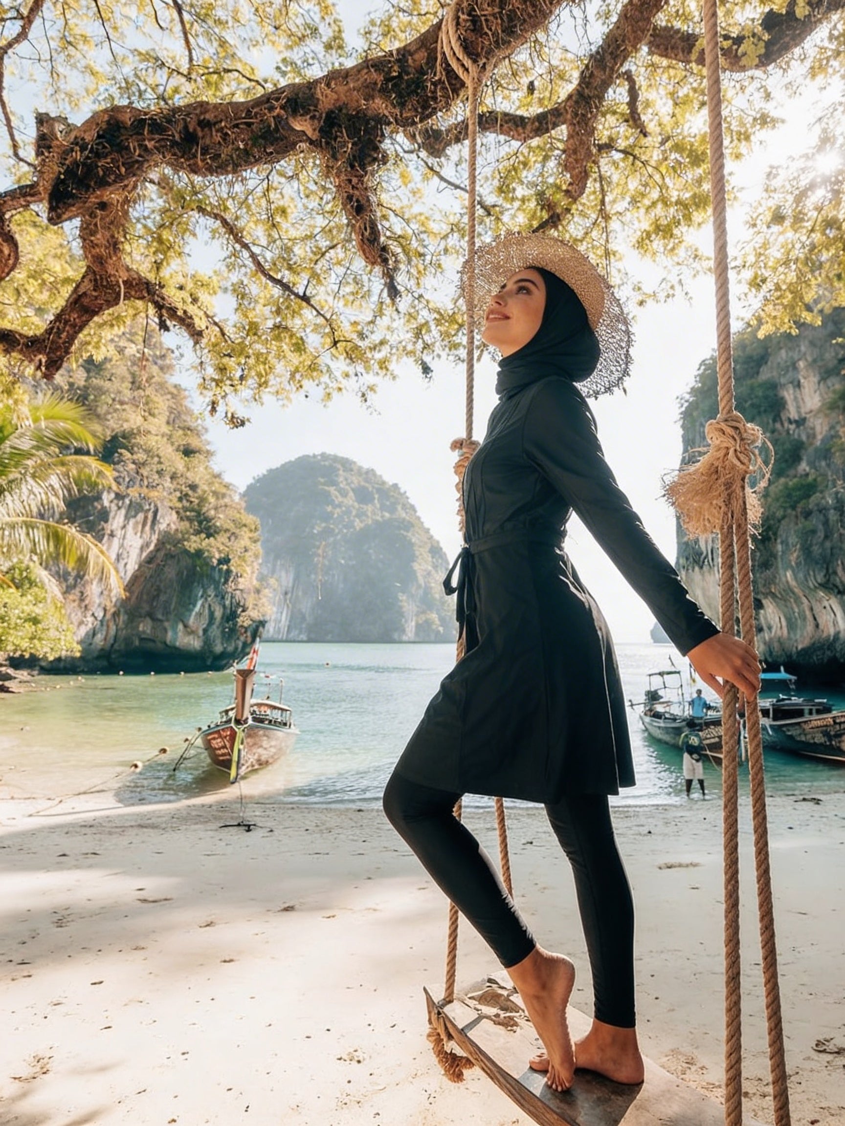 Woman on a swing by a beach with boats and cliffs in the background