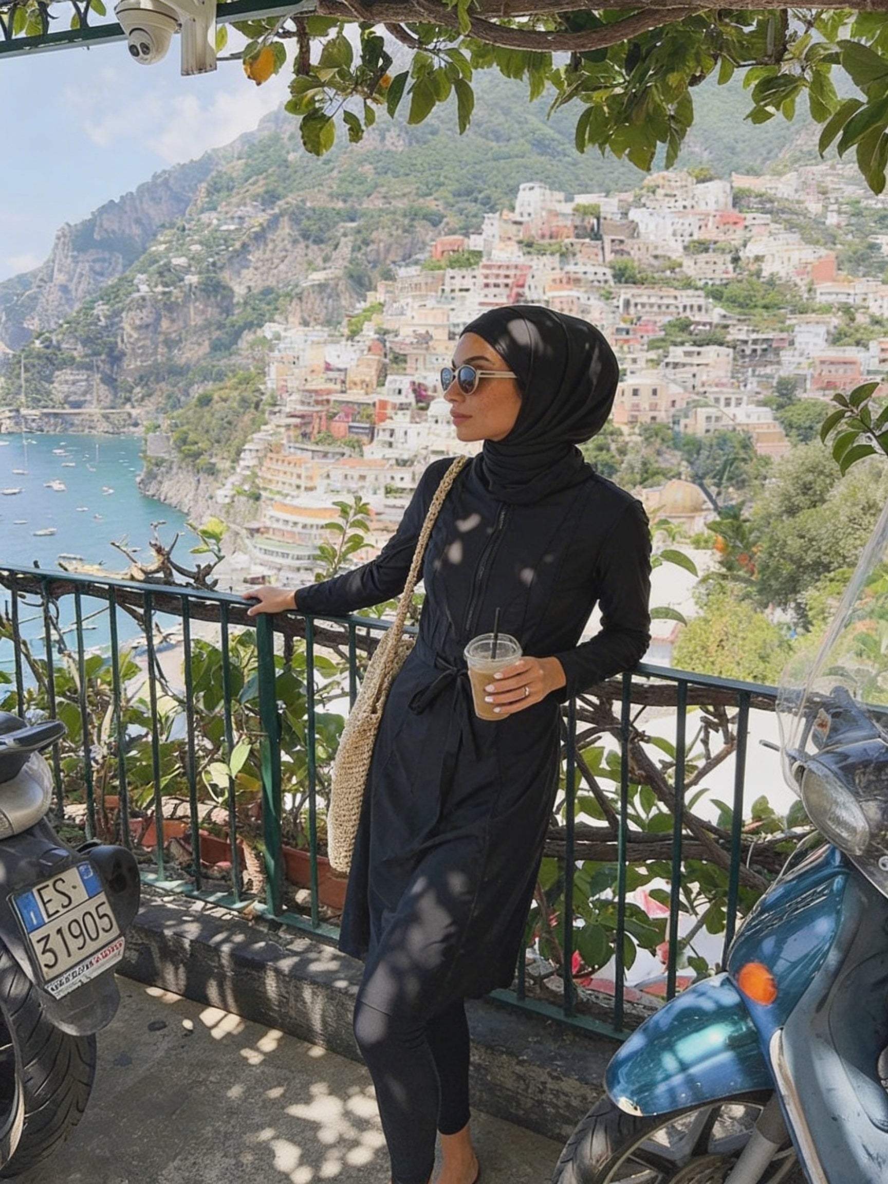Woman in hijab standing on a balcony overlooking a scenic coastal town.