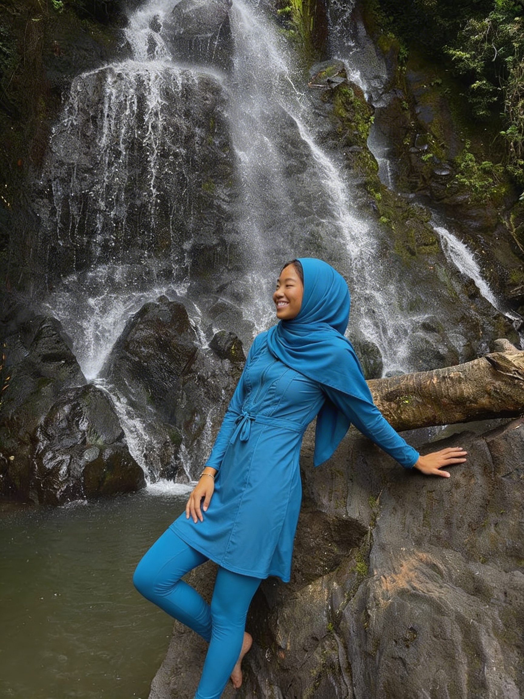 Woman in a blue outfit standing in front of a waterfall