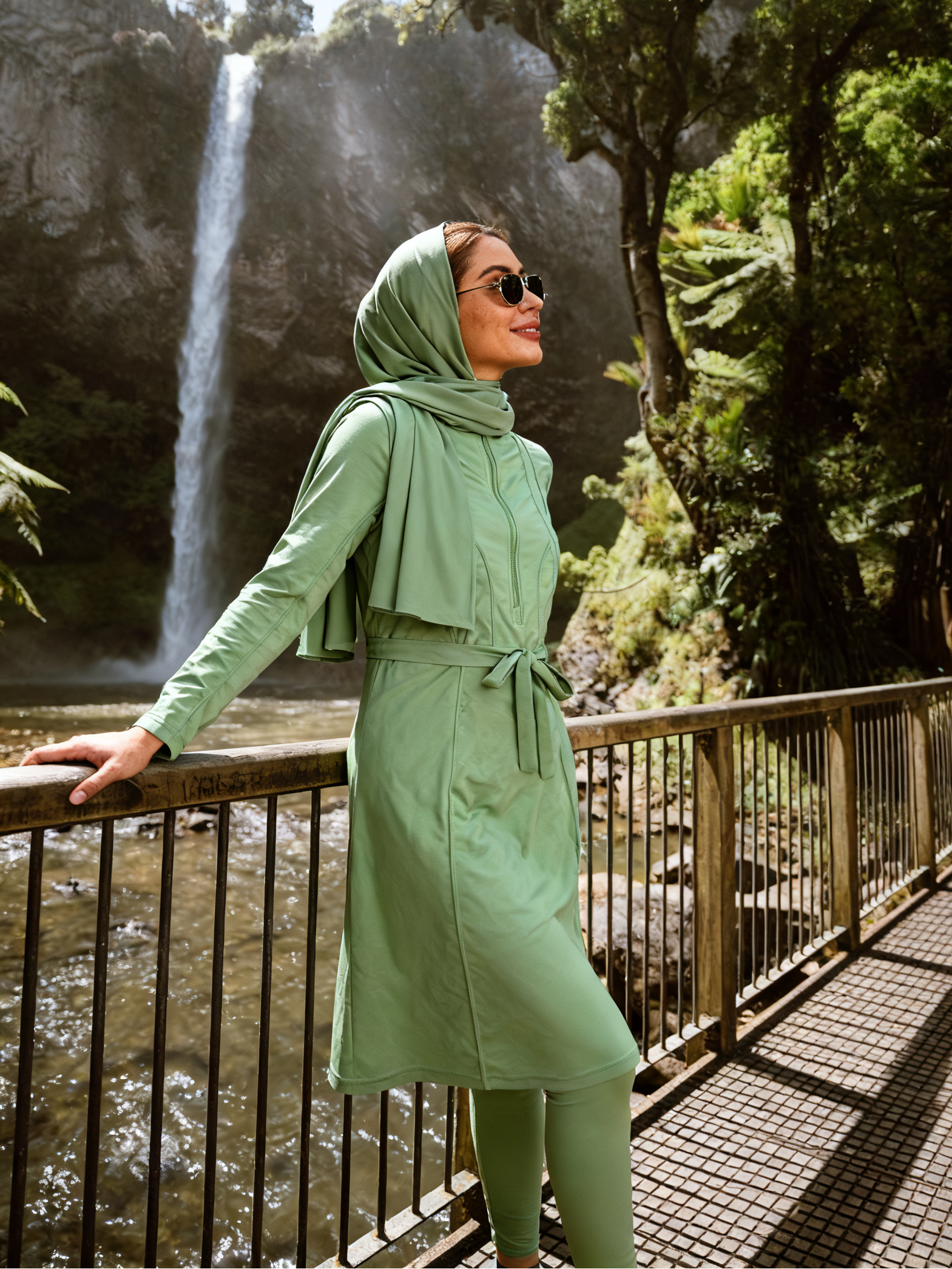 A woman wearing a sage green matching hijab, long-sleeve tunic, and leggings stands on a metal walkway beside a waterfall in a forest setting.